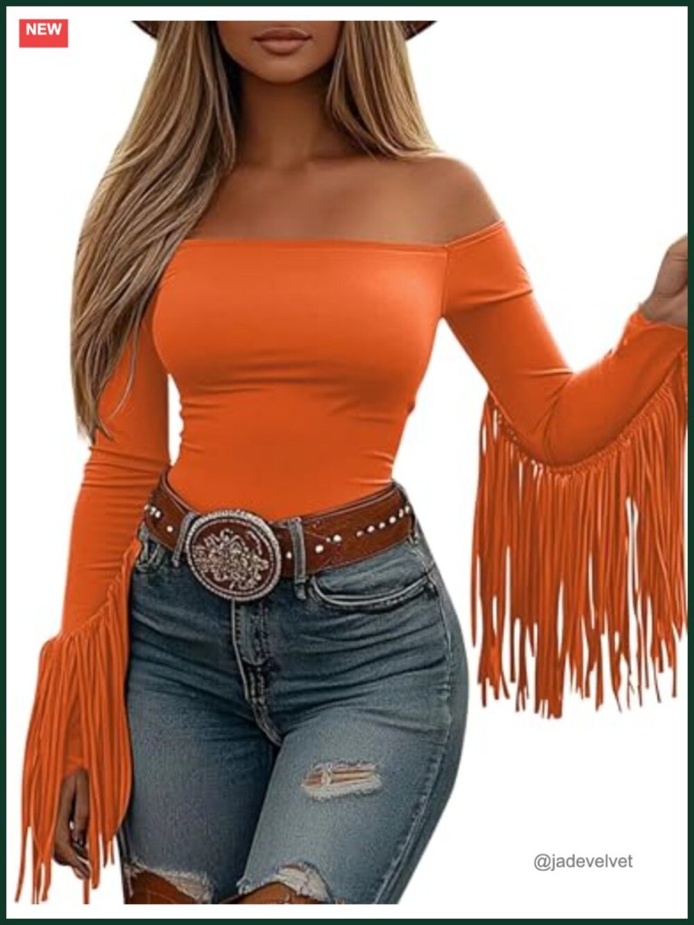 Fringe Cowgirl Off Shoulder Long Sleeve Tassel Crop Top Stretchy Blouse